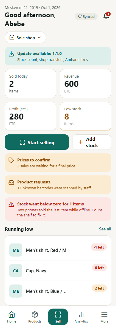 NIMO home screen showing today’s sales, revenue and items running low