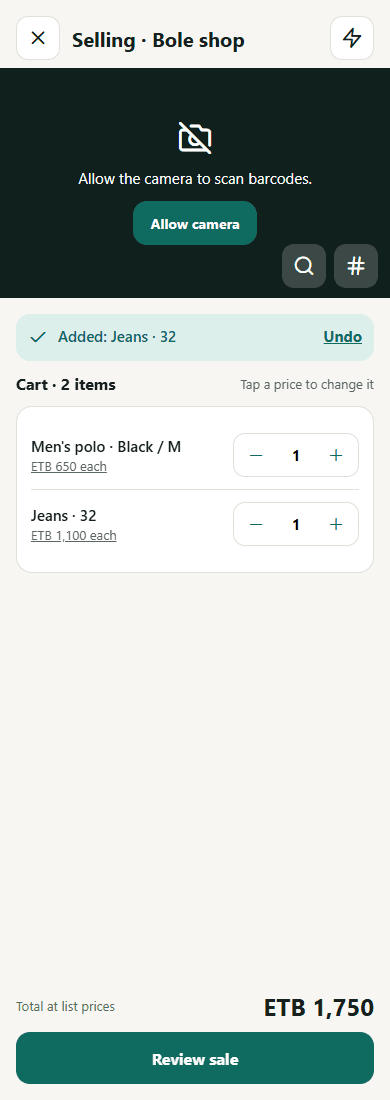 NIMO selling screen with a cart of scanned items